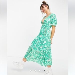 New Look Emerald Green Romantic Daisy Floral Cottagecore Wrap Dress Size 8